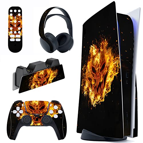 playvital Skin Stickers für ps5 Konsole Regular Edition,Aufkleber Vinyl-Skin Stickers Schutzfolie Folie für PS5 Konsole,Controller,Ladestation,Headset,Medienfernbedienung-Feuer Dämonen von playvital