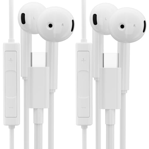 2 Packungen USB C Kopfhörer für iPhone 15, kabelgebundene Typ-C-Ohrhörer mit Mikrofon und Lautstärkeregler, HiFi-Stereo-Typ-C-Ohrhörer für iPhone15 Pro, Google Pixel, Samsung Galaxy S23 S22 S21 S20 von pluX