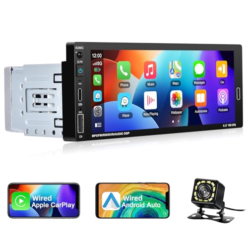 1 Din Autoradio mit Kabelgebundenem CarPlay/Android Auto/Mirror Link, Podofo 6,86 Zoll Bluetooth Multimedia Player mit Sprachsteuerung/FM/TF/USB/AUX/SWC+Fernbedienung+Rückfahrkamera von podofo