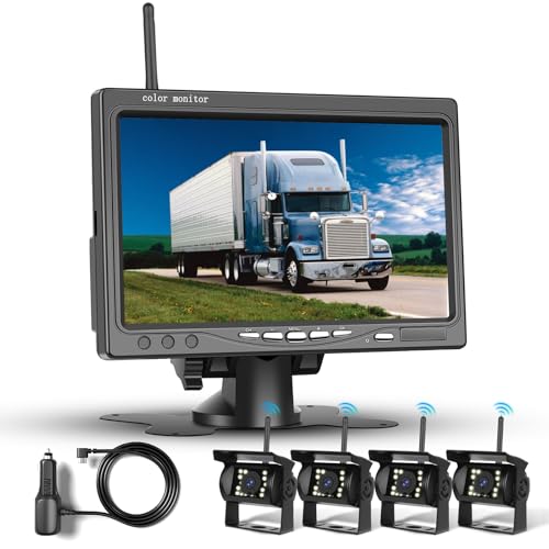 1080P HD Kabelloses Vier-Rückfahrkamera-Kit, 7-Zoll-LCD-Monitor mit 4 Rückfahrkameras für Anhänger, Wohnmobil, Camper, LKW, Auto, Bus, DIY-Führungslinien, IP68 wasserdicht, Nachtsicht, BSD, 12 V-36 V von podofo