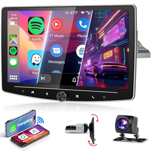 【2+32G】 10'' Autoradio Bluetooth 1 Din Wireless Carplay Android Auto mit Navi Schwingen Touchscreen Physische Taste,Podofo Android FM RDS Radio HI-FI Sound mit Dual USB MIC mit Rückfahrkamera AHD von podofo