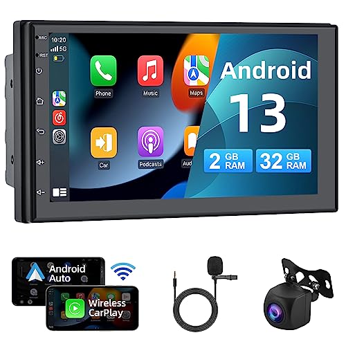 [2+32G] Podofo 2Din 7Zoll Autoradio Android 13 Bildschirm mit Kabelloses Apple Carplay/Android Auto Touchscreen mit GPS/Bluetooth/SWC/FM/RDS/WiFi/USB Radio Receiver Suppport Rear Camera von podofo