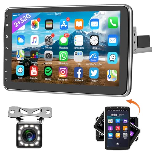2+32G Podofo Android Autoradio 1 Din 10-Zoll Mirror Link Drehbarem Bildschirm mit Navi Bluetooth FM/RDS Radio Doppelt USB+MIC/HD Rückfahrkamera/RCA Kabel/Lenkradsteuerung von podofo