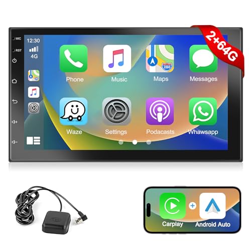 2+64G 2Din Autoradio mit Kabelloses Apple Carplay/Android Auto Podofo 7Zoll Android 13 Bildschirm mit GPS/Bluetooth/Spiegellink/SWC/FM/RDS/WiFi/USB Suppport Rear Camera von podofo