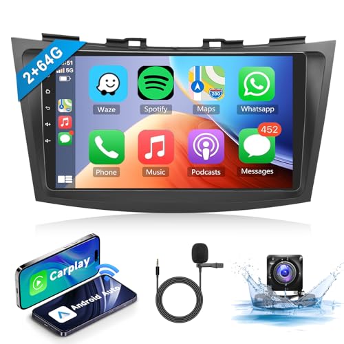 【2+64G】 Autoradio Für Suzuki Swift 2012 Podofo mit Wireless Apple Carplay Android Auto，Auto Stereo mit Bluetooth Bildschirm 9’’ Navi HI FI RDS FM Radio 2 Din AHD Rückfahrkamera DVR von podofo