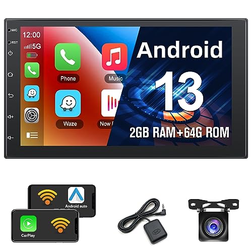 2+64G Podofo 2Din 7Zoll Autoradio mit Kabelloses Apple Carplay/Android Auto，Android 13 Touchscreen Bildschirm mit GPS/Bluetooth/Spiegellink/SWC/FM/RDS/WiFi/USB+ Rear Camera von podofo