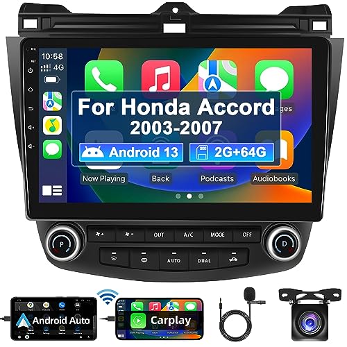 2+64G Podofo Android 13 Autoradio für Honda Accord 2003 2004 2005 2006 2007 mit Kabellosem Apple Carplay/Android Auto 10 Zoll Bildschirm GPS/Bluetooth/SWC/FM/RDS/WiFi/USB+AHD Rückfahrkamera+Mikrofon von podofo