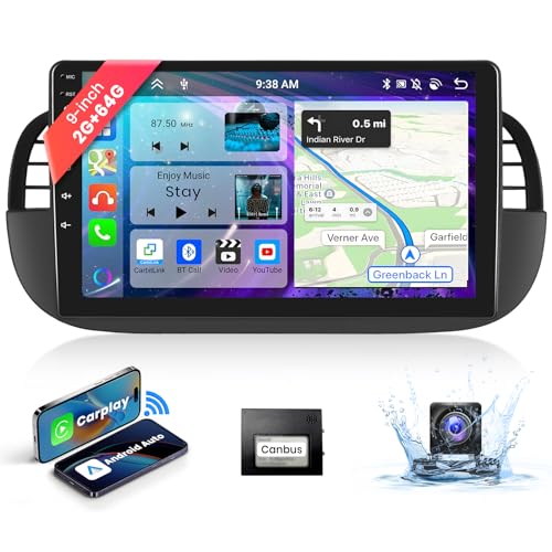 2G+64G 9‘’Autoradio Bluetooth Für FIAT 500 2007-2015 Carplay Android Auto Wireless,Podofo 8-Core Android Radio 2 din mit Bildschirm GPS Navi HiFi/RDS/FM DSP AHD Rückfahrkamera von podofo