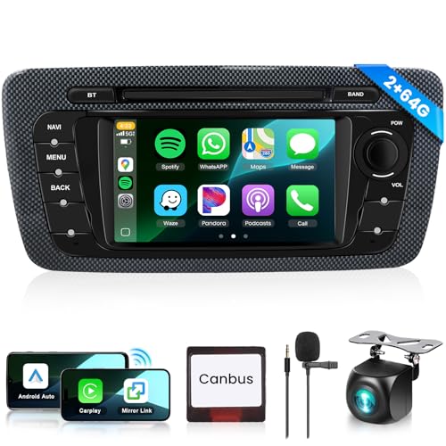 2G+64G Autoradio für Seat Ibiza 2009-2013, Podofo 6.2 Zoll Touchscreen Android 13.0 Radio mit Wireless Carplay Android Auto Wireless EQ BT GPS Spiegel FM RDS USB Rückfahrkamera von podofo