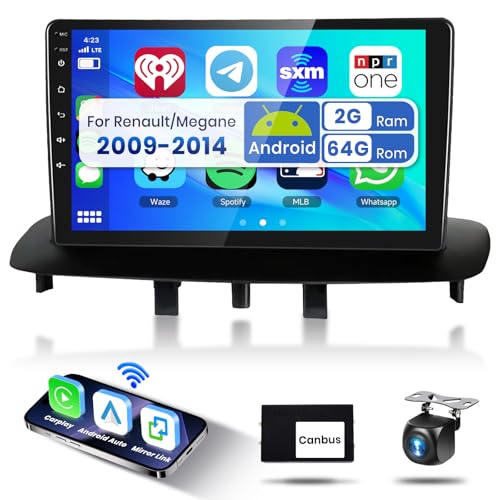 2G&64G Podofo 9 Zoll Autoradio für Renault Megane 3 2009-2014 Wireless Carplay Android Auto,Android Radio Bluetooth mit WiFi GPS RDS/FM+AHD Rückfahrkamera/Canbus von podofo