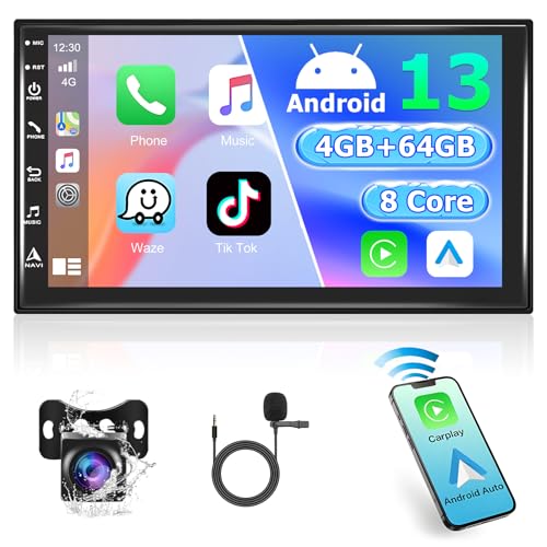 4+64G 8 Core 2Din Autoradio mit Kabelloses Apple Carplay/Android Auto, Podofo 7 Zoll Android13 Bildschirm Touchscreen mit GPS/Bluetooth/SWC/FM/RDS/WiFi/USB+AHD Rückfahrkamera+Mikrofon von podofo