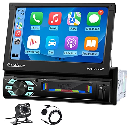 Autoradio 1 Din Apple Carplay mit Bildschirm Motorisiert Ausfahrbarem mit Android Auto Bluetooth, 7-Zoll Media Receiver Auto Radio Stereo mit UKW-Radio/Spiegel-Link + Rückfahrkamera und Mikrofon von podofo
