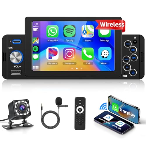 Autoradio Bluetooth Carplay Android Auto Wireless 1din mit Bildschirm 5",Podofo Auto Radio mit Rückfahrkamera FM Radio USB/Mic/AUX/Lenkrad Steuerung,Navi-GPS,Airplay,Mobile Charging von podofo