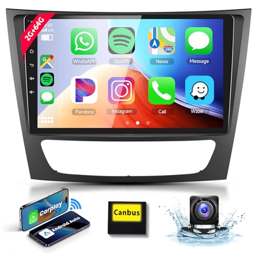 2+64G Podofo 9" Autoradio Für Mercedes E Klasse W211 W219/CLS Klasse 2005-2008 Carplay Wireless Android Auto Bluetooth mit WiFi GPS Navi HiFi FM/RDS Autoradio AHD Rückfahrkamera +MIC +2 USB von podofo
