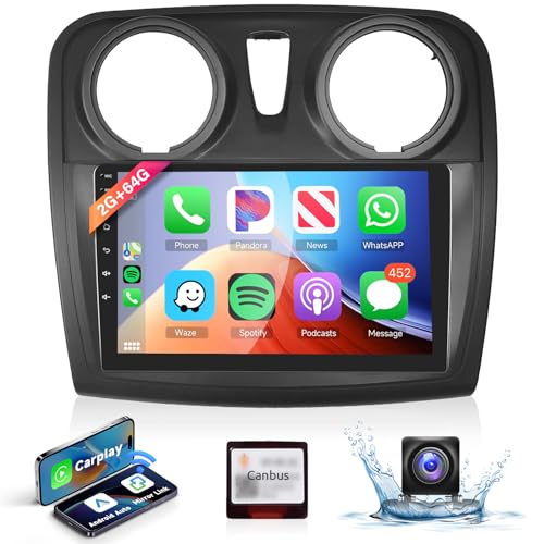 [2+64G] Wireless Carplay 9’’Autoradio 2 Din Android Auto für Renault Dacia SANDERO 2014-2017 mit Bildschirm,Radio mit Bluetooth HiFi RDS/FM+AHD Rückfahrkamera+CANBUS von podofo