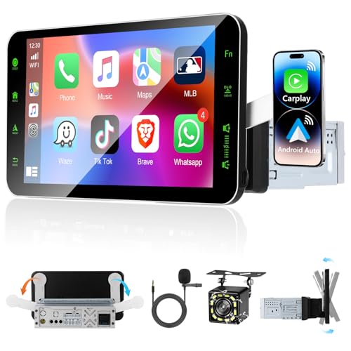 Podofo 1 DIN 9'' HD Autoradio mit Apple CarPlay/Android Auto Wireless, Bluetooth 5.0 Drehbarer Touchscreen mit Mirror Link/GPS/SWC/EQ/FM/RDS/TF/USB/Telefonhalter + Mikrofon + Rückkamera von podofo