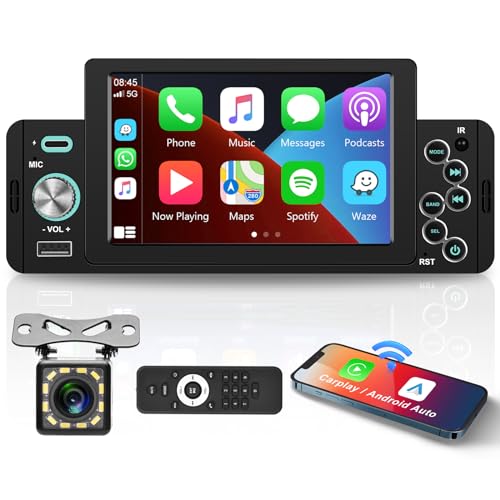 Podofo 1 DIN Autoradio Kabellos Apple Carplay Android Auto, 5-Zoll-Touchscreen, Bluetooth-Autoradio, unterstützt Mirror Link, FM-Radio, EQ-Sound, SWC, Typ-C/USB-Anschluss+Mikrofon, Rückfahrkamera von podofo