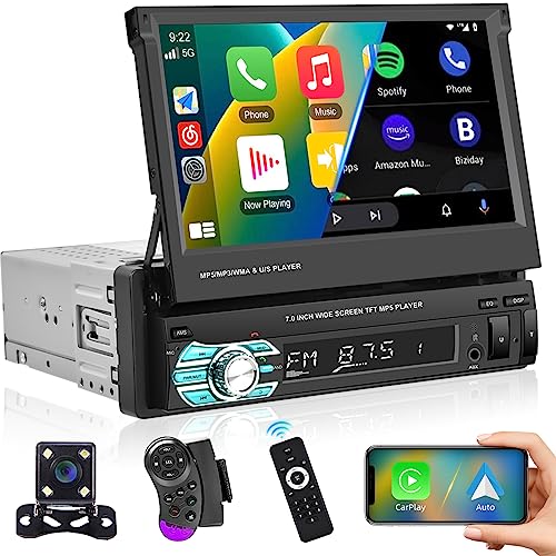Podofo 1 Din 7 Zoll Autoradio mit A-pple Carplay/Android Auto, Einziehbarer Bildschirm mit Bluetooth-Freisprechfunktion/Lenkradkontrolle/FM/USB/AUX/TF+Rückfahrkamera von podofo