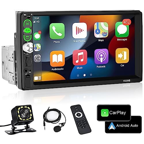 Podofo 1 Din Autoradio mit Apple CarPlay/Android Auto,7 Zoll Bluetooth Bildschirm Touch Display mit FM/EQ/Link Spiegeln/Lenkradsteuerung/USB/TF/AUX/Fernbedienung+Mikrofon+Rückfahrkamera von podofo