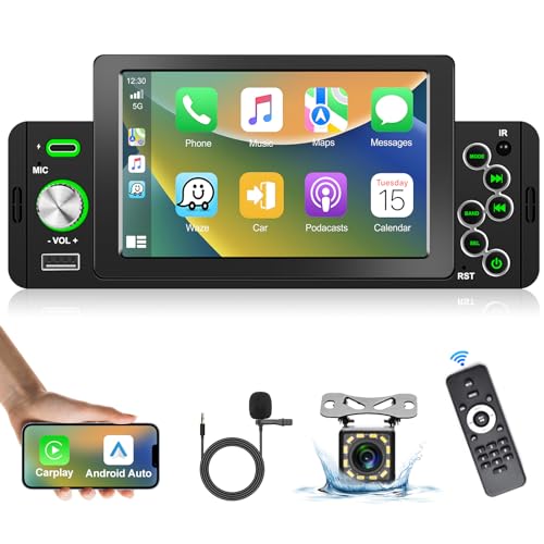 Podofo 1 Din Autoradio mit Apple Carplay/Android Auto 5 Zoll Bildschirm Auto Radio Touchscreen Display mit Bluetooth FM/SWC/USB/Mirror Link+Mikrofon + Rückfahrkamera von podofo