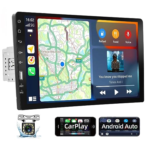 Podofo 1 Din Autoradio mit Apple Carplay und Android Auto 9 Zoll Single Din Autoradio mit Bildschirm Auto Radio mit Bluetooth/FM Radio/SWC/Spiegel-Link/USB + Rückfahrkamera & Mikrofon von podofo