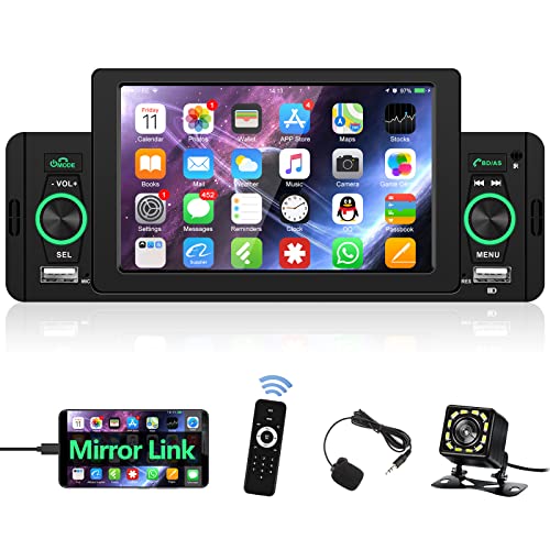 Podofo 1 Din Autoradio mit Bluetooth Freisprechfunktion, 5 Zoll HD-Touch-Bildschirm Auto Multimedia Player mit Lenkradkontrolle/Spiegellink/Dual-USB/FM+Rückfahrkamera+Mikrofon von podofo