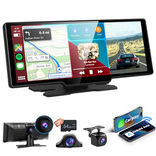 Podofo 10.26'' Tragbares Autoradio Wireless Carplay Android Auto 3-Way Kamera HD Touchscreen mit Navi/Bluetooth,Carplay Screeen mit Front/AHD Rückfahrkamera, FM Transmitter/DVR USB/AUX/64G SD Karte von podofo