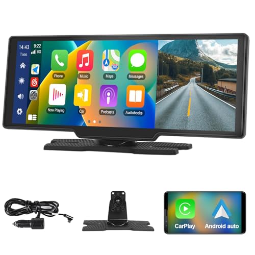 Podofo 10.26 Zoll IPS Tragbares Autoradio mit Kabelloses Apple Carplay Android Auto Recorder Bildschirm，7-32V Touchscreen mit Sprachassistent/Bluetooth/FM Transmitter/AUX/GPS Navigation/Airplay von podofo