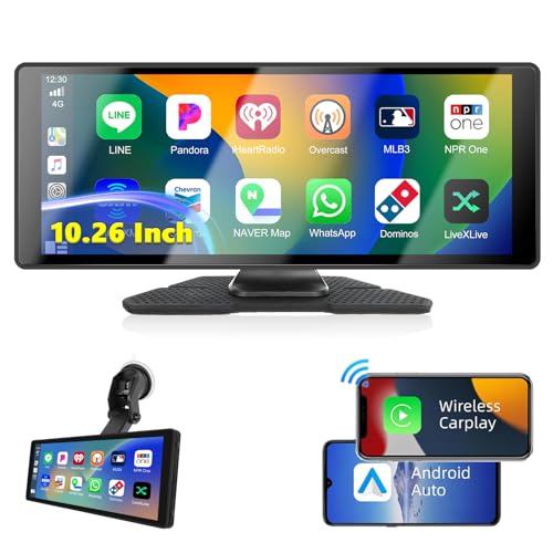 Podofo 10.26 Zoll IPS Tragbares Autoradio mit Kabelloses Carplay Android Auto Touchscreen Digitaler Medienempfänger 7-32V Touchscreen mit Bluetooth/FM Transmitter/AUX/GPS/Airplay/SD/TF von podofo