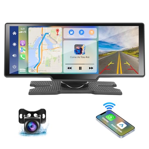 Podofo 10.26 Zoll Tragbares Autoradio mit Wireless Apple Carplay Android Auto Recorder Bildschirm，7-32V Touchscreen mit Sprachassistent/Bluetooth/FM Transmitter/AUX/TF Karte+AHD Rückfahrkamera von podofo