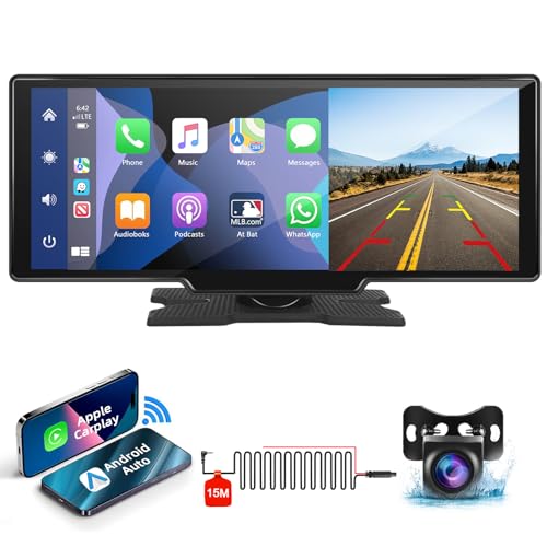 Podofo 10.26 Zoll Tragbares Autoradio mit Wireless Apple Carplay Android Auto Recorder Bildschirm，7-32V Touchscreen mit Sprachassistent/Bluetooth/FM Transmitter/AUX/TF Karte+AHD Rückfahrkamera von podofo