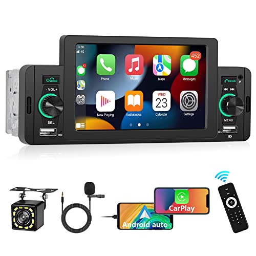 Podofo 1Din Autoradio mit A-pple Carplay & Android Auto，5 Zoll Bildschirm mit Bluetooth-Freisprechfunktion, Link Spiegeln，Lenkradkontrolle, Spiegellink, Dual-USB+Rückfahrkamera+Mikrofon von podofo