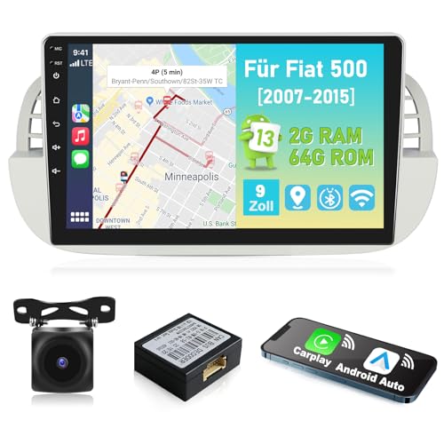 Podofo 2+64G 2 Din Autoradio für FIAT 500 2007–2015 mit Kabellosem Apple Carplay Android Auto,9 Zoll Auto Radio Stereo für FIAT 500 mit Bluetooth/GPS/SWC/WiFi/FM/RDS Radio+Canbus+Rückfahrkamera von podofo