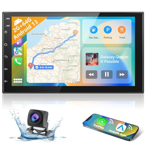 2+64G 2Din Autoradio mit Kabelloses Apple Carplay/Android Auto Podofo Android 13 7Zoll Bildschirm Player mit GPS/Bluetooth/Spiegellink/SWC/FM/RDS/WiFi/USB+Rückfahrkamera von podofo