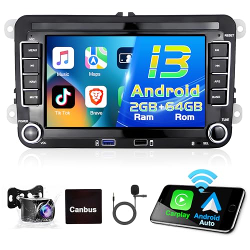 Podofo 2+64G Android 13 Autoradio für VW mit Wireless CarPlay und Android Auto, 7-Zoll-Touchscreen mit Bluetooth/EQ/GPS/WiFi/HiFi/RDS/SWC/2USB/RCA+Mikrofon+Canbus+AHD-Rückfahrkamera von podofo