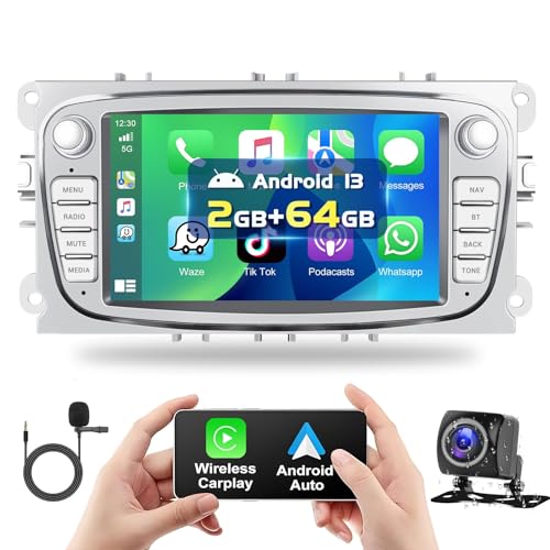 Podofo 2+64G Autoradio für Ford Focus C-Max S-Max Mondeo Kuga Galaxy Mondeo 9 Kuga with Wireless Carplay Android Auto, Android 13 Radio mit 7" Bildschirm, GPS, WiFi, RDS + Rückfahrkamera & Mic, Silber von podofo