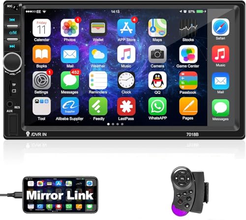 Podofo 2-DIN-Autoradio mit Bluetooth, Doppel-Din-7-Zoll-Touchscreen-Autoradio MP5-Player mit Mirror-Link für iOS/Android, UKW-Radio, Lenkradsteuerung, USB/TF/AUX-Eingang + 7-Farben-Taste von podofo