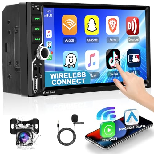 Podofo 2 Din Autoradio mit Kabelloses Apple Carplay & Android Auto, 7 Zoll Touchscreen Bluetooth Bildschirm FM/USB/EQ/Lenkradsteuerung/Mirror Link/AUX-IN+Mikrofon+Rückfahrkamera von podofo