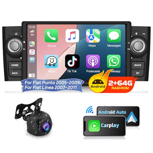 Podofo 2+64G Autoradio Stereo für FIAT Punto 2005-2009, Radio für FIAT Linea 2007-2011 mit Carplay Android Auto,7-Zoll Touchscreen Car Radio mit Bluetooth,SWC+Rückfahrkamera von podofo