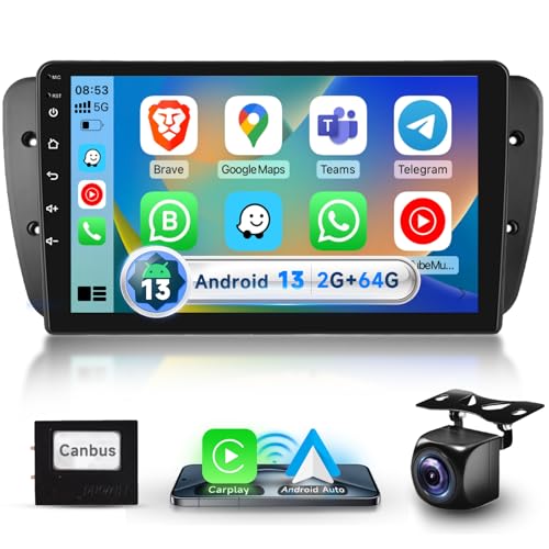 Podofo 2G+64G Autoradio für Seat Ibiza 2009-2013, 9 Zoll Touch Screen Android 13 Radio mit Kabellos Carplay Android Auto DSP BT GPS Spiegel FM RDS USB Rückfahrkamera von podofo