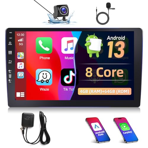 Podofo 4+64G Autoradio 2 Din mit Wireless Apple Carplay Android Auto,Android 13 Auto Radio mit Navi 9 Zoll Bildschirm mit Bluetooth/WiFi/GPS/Spiegel-Link/Dreiteiliger Bildschirm+AHD Rückfahrkamera von podofo