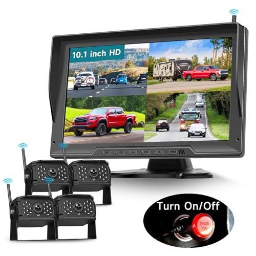 Podofo 4*Rückfahrkamera Kabellos mit Monitor 10.1 Zoll IP69 Nachtsicht Weitwinkel,AHD IPS Monitor Rückfahrkameras Funk für Auto Wohnmobil/Wohnwagen/LKW,4-geteilter Bildschirm,Loop-Video,Bild zoomen von podofo