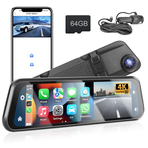 Podofo 4K Spiegel Dashcam mit Wireless A-pple Carplay&Android Auto 12 Zoll Touch Screen Full HD Autokamera mit Loop-Aufnahme und G-Sensor 64G SD Karte von podofo