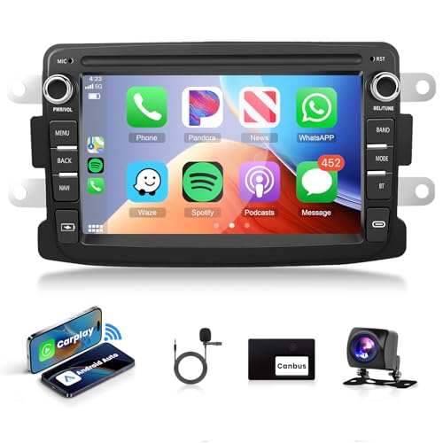 Podofo 7'' Autoradio 2 Din für Renault Dacia Duster Sandero Dokker Logan Lodgy Captur Wireless Carplay Android Auto Bluetooth mit Touchscreen WiFi/GPS Navi HiFi/RDS/FM+AHD Rückfahrkamera/Canbus von podofo