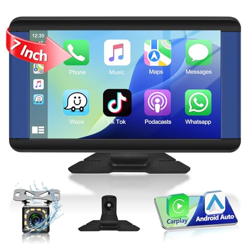 Podofo Wireless Carplay Autoradio Tragbares Android Auto 7-Zoll Wireless Autoradio-Receiver 1080P-Rückfahrkamera,Carplay Bildschirm mit Bluetooth Mirror Link Siri FM AUX von podofo