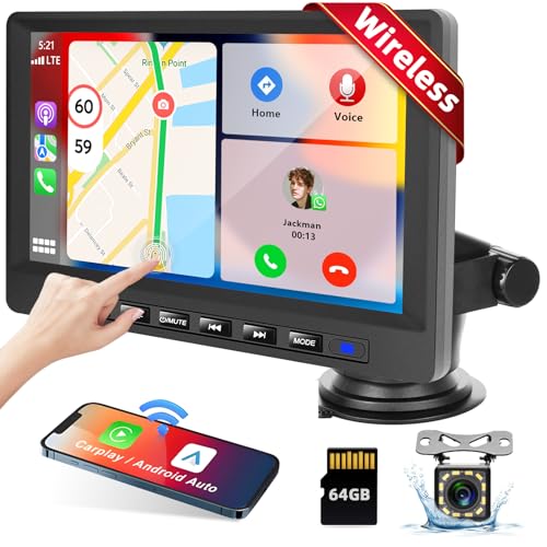 Podofo 7 Zoll Tragbares Autoradio mit Kabelloses Apple Carplay & Android Auto, Drehbarer Ständer 7-32V Touchscreen Bluetooth Bildschirm, SWC/EQ/Mirror Link/TF/USB/AUX+64G TF Karte Support Camera von podofo