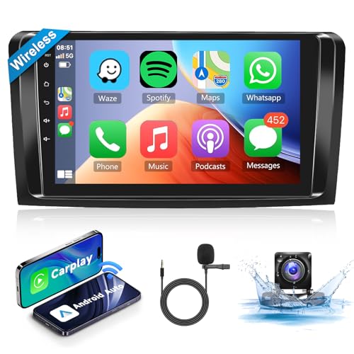 Podofo 9" Android Autoradio Wireless Apple Carplay Für Mercedes-Benz ML Serie Android Auto,Car Radio Stereo mit Bildschirm Bluetooth HiFi FM/RDS mit AHD Rückfahrkamera+MIC+Dual USB von podofo