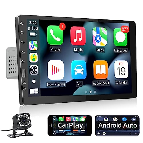 Podofo 9 Zoll Autoradio 1 Din mit Apple Carplay, Bluetooth und Android Auto Single Din Auto Radio mit Bildschirm, FM AM Radio, SWC und Spiegel-Link | USB-Anschluss inklusive Rückfahrkamera & Mikrofon von podofo