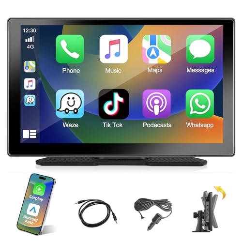 Podofo 9 Zoll IPS Tragbares Autoradio mit Kabelloses Apple Carplay & Android Auto, Digital Media Receiver 7-32V Touchscreen Bluetooth Musik Bildschirm, AirPlay/Mirror Link/TF/USB/AUX/FM Transmitter von podofo