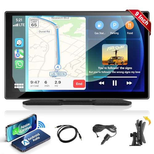Podofo 9 Zoll IPS Tragbares Autoradio mit Kabelloses A-pple Carplay & Android Auto, Digital Media Receiver 7-32V Touchscreen Bluetooth Musik Bildschirm, AirPlay/Mirror Link/TF/USB/AUX/FM Transmitter von podofo